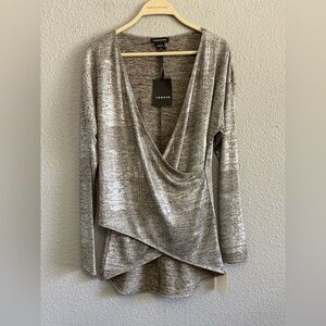 NWT Trouve‎ Silver Metallic Long Sleeve Wrap Top Size Small